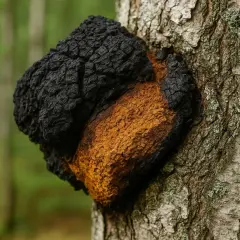 Czaga na brzozie, gotowa do zbioru i parzenia. Jej czarna, spękana powierzchnia kontrastuje z pomarańczowym wnętrzem.