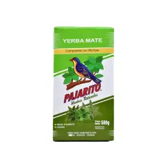 Pudełko yerba mate Pajarito z miętą i cytryną. Kolorowy ptaszek siedzi na gałązce z liśćmi.