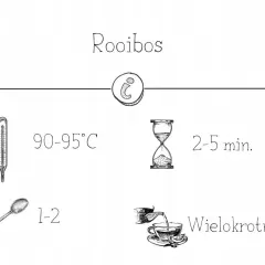 Instrukcja parzenia rooibos: 90-95°C, 2-5 min, 1-2 łyżeczki, wielokrotnie. Idealny napój bez kofeiny.