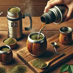 Gorąca yerba mate nalewana z termosu do drewnianych naczyń. Zastanawiasz się, ile razy można zalać yerbę? Zestaw do yerby na drewnianym blacie.