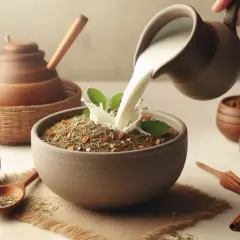Mleko wlewane do miski z yerba mate, tworząc kremowy napój. W tle drewniany czajniczek i naczynia z suszem.