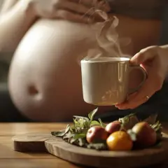 Ciepła herbata na zaparcia w ciąży, parująca z kubka, obok owoców na desce. Delikatne dłonie obejmują brzuch.