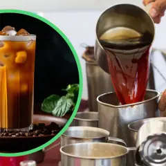 Lodowata herbata z mlekiem, znana jako teh tarik, jest przygotowywana przez nalewanie gorącego naparu do kubka.