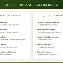 Polecane napary na przeziębienie: herbata z imbirem, malinowa, zielona, ziołowa i bezkofeinowa. Unikaj napojów z kofeiną, sztucznymi dodatkami i nadmiarem cukru.