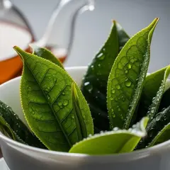 Świeże liście herbaty oolong w filiżance, gotowe do parzenia. Obok dzbanek z bursztynowym naparem.