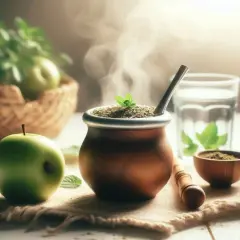 Parująca yerba mate na czczo, obok zielone jabłko i koszyk z miętą. Idealny poranek.