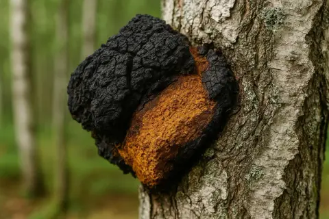 Czaga na brzozie, gotowa do zbioru i parzenia. Jej czarna, spękana powierzchnia kontrastuje z pomarańczowym wnętrzem.