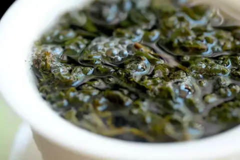 Zielone liście herbaty oolong w wodzie, uwalniające swoje cenne właściwości. Bąbelki unoszą się na powierzchni.