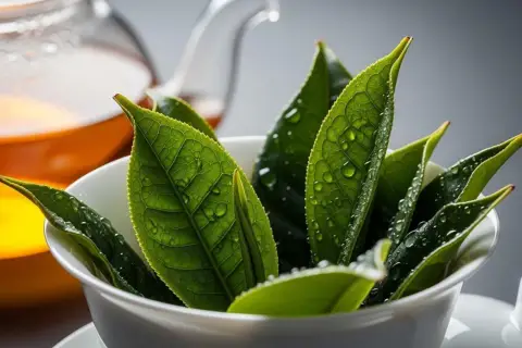 Świeże liście herbaty oolong w filiżance, gotowe do parzenia. Obok dzbanek z bursztynowym naparem.