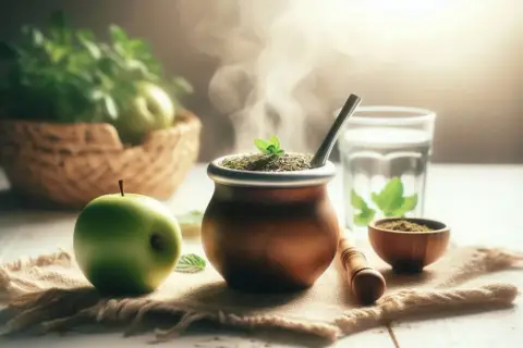 Parująca yerba mate na czczo, obok zielone jabłko i koszyk z miętą. Idealny poranek.