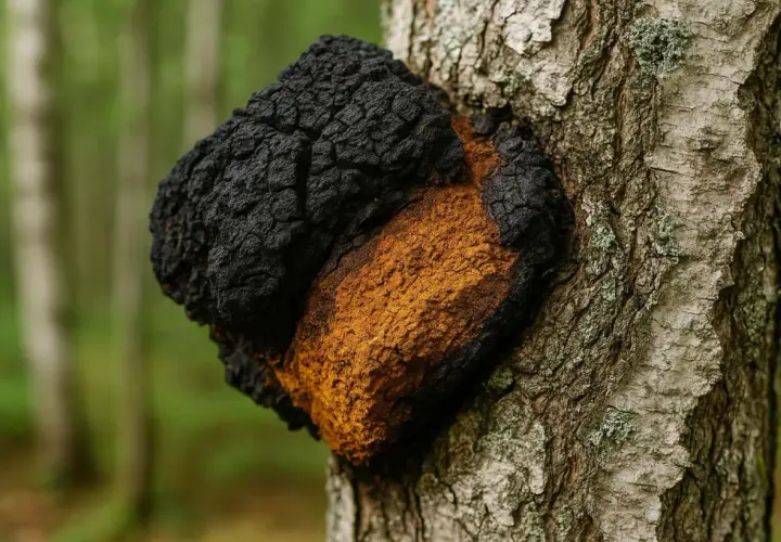 Czaga na brzozie, gotowa do zbioru i parzenia. Jej czarna, spękana powierzchnia kontrastuje z pomarańczowym wnętrzem.