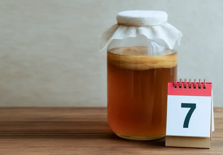 Siedem dni fermentacji herbaty. Słoik z kombuchą i kalendarz z cyfrą 7.