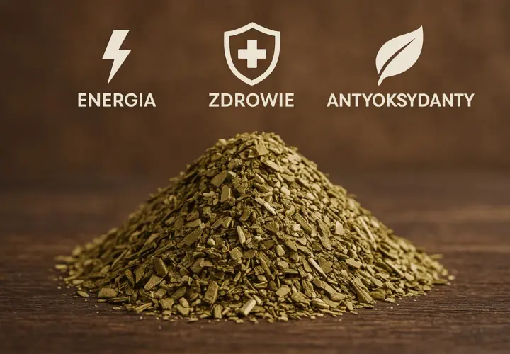 Góra suszonej yerba mate, symbolizująca energię, zdrowie i antyoksydanty. Idealna do codziennego detoksu.