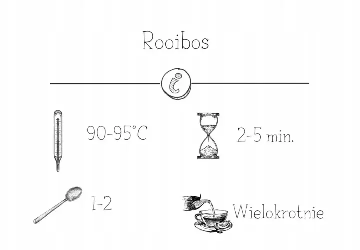 Instrukcja parzenia rooibos: 90-95°C, 2-5 min, 1-2 łyżeczki, wielokrotnie. Idealny napój bez kofeiny.