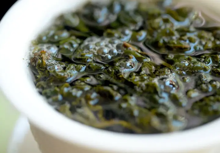Zielone liście herbaty oolong w wodzie, uwalniające swoje cenne właściwości. Bąbelki unoszą się na powierzchni.