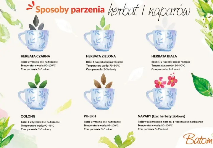 Ilustracja pokazuje, jak parzyć herbatę: czarną, zieloną, białą, oolong, pu-erh i napary ziołowe, podając ilość liści, temperaturę wody i czas parzenia.