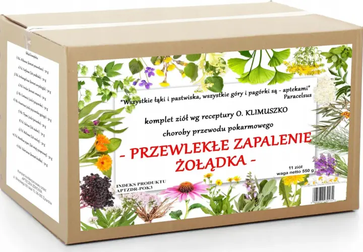 Zioła na zapalenie żołądka: komplet 11 ziół wg receptury O. Klimuszko, wspierający trawienie. Waga 550g.