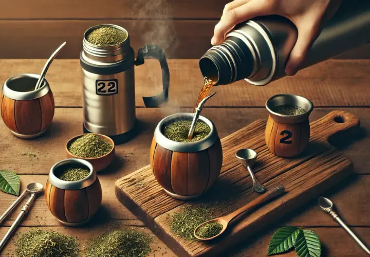 Gorąca yerba mate nalewana z termosu do drewnianych naczyń. Zastanawiasz się, ile razy można zalać yerbę? Zestaw do yerby na drewnianym blacie.