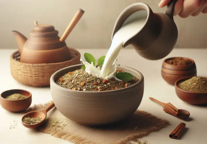 Mleko wlewane do miski z yerba mate, tworząc kremowy napój. W tle drewniany czajniczek i naczynia z suszem.