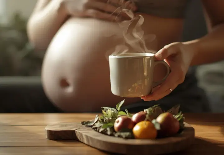 Ciepła herbata na zaparcia w ciąży, parująca z kubka, obok owoców na desce. Delikatne dłonie obejmują brzuch.
