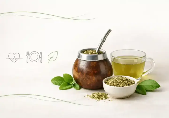 Niska zawartość yerba mate kcal. Tradycyjny naczynie z bombillą, filiżanka naparu i miseczka suszu, otoczone listkami mięty.