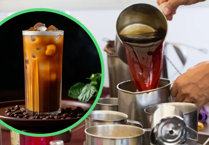 Lodowata herbata z mlekiem, znana jako teh tarik, jest przygotowywana przez nalewanie gorącego naparu do kubka.