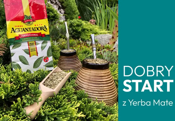 Zestaw do yerba mate: paczka AguantaDora, drewniana łopatka z suszem i dwa naczynia z bombillami. Idealny dobry start z yerba mate.