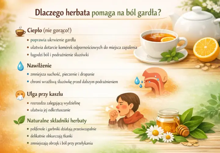 Kubek herbaty z cytryną, dzbanek, miód, rumianek i dziecko kaszlące.