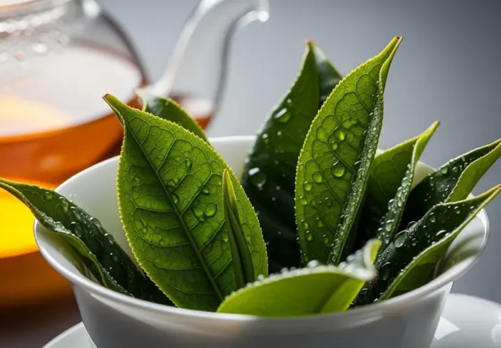 Świeże liście herbaty oolong w filiżance, gotowe do parzenia. Obok dzbanek z bursztynowym naparem.