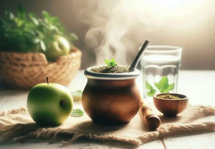 Parująca yerba mate na czczo, obok zielone jabłko i koszyk z miętą. Idealny poranek.