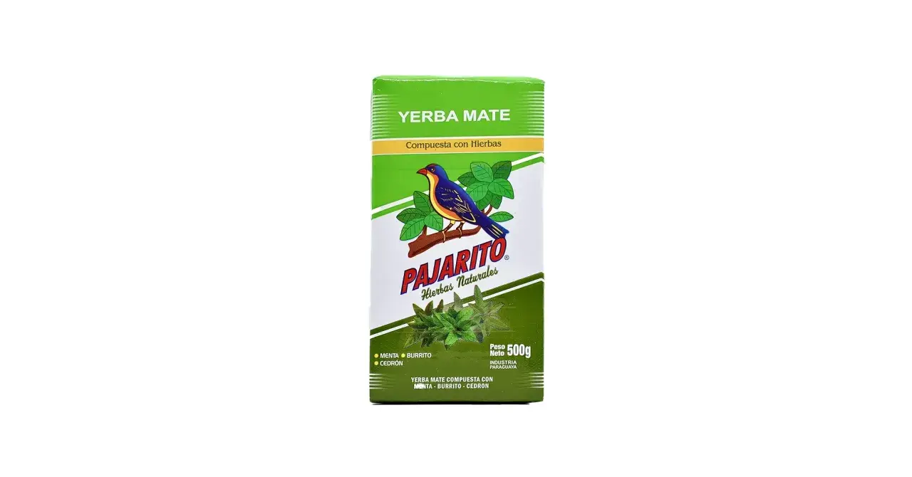 Pudełko yerba mate Pajarito z miętą i cytryną. Kolorowy ptaszek siedzi na gałązce z liśćmi.