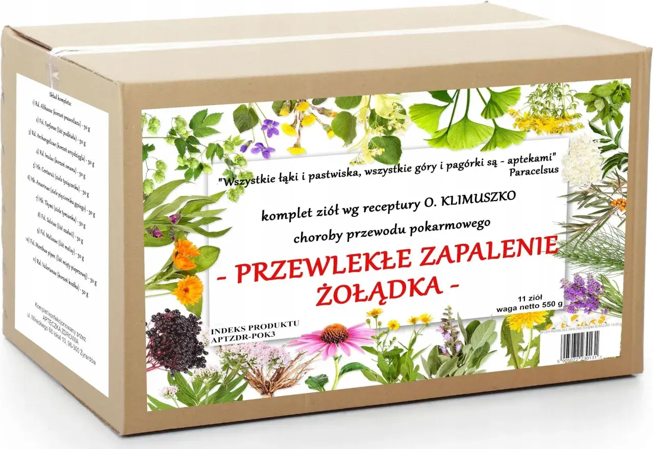 Zioła na zapalenie żołądka: komplet 11 ziół wg receptury O. Klimuszko, wspierający trawienie. Waga 550g.