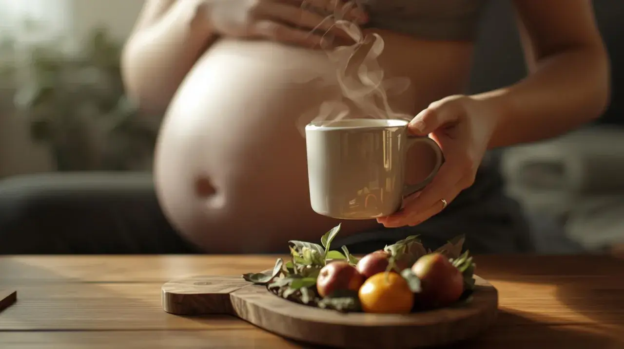 Ciepła herbata na zaparcia w ciąży, parująca z kubka, obok owoców na desce. Delikatne dłonie obejmują brzuch.