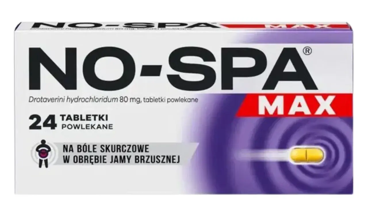 Opakowanie leku No-Spa Max, 24 tabletki. Pomocne przy bólach menstruacyjnych, jak najlepsza herbata na okres.