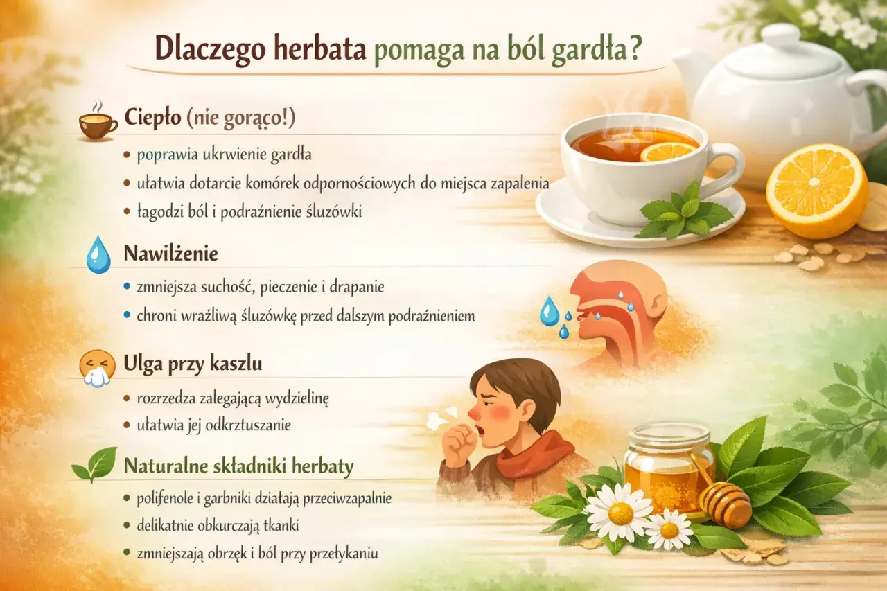 Kubek herbaty z cytryną, dzbanek, miód, rumianek i dziecko kaszlące.