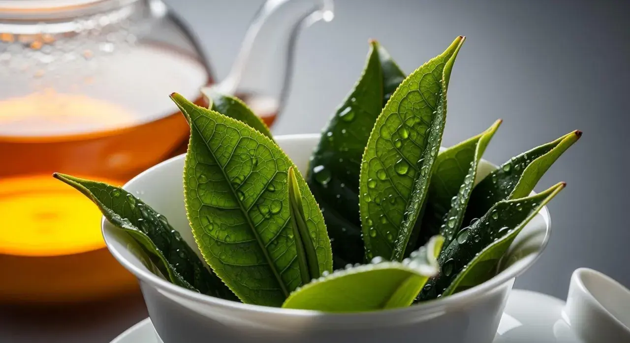 Świeże liście herbaty oolong w filiżance, gotowe do parzenia. Obok dzbanek z bursztynowym naparem.