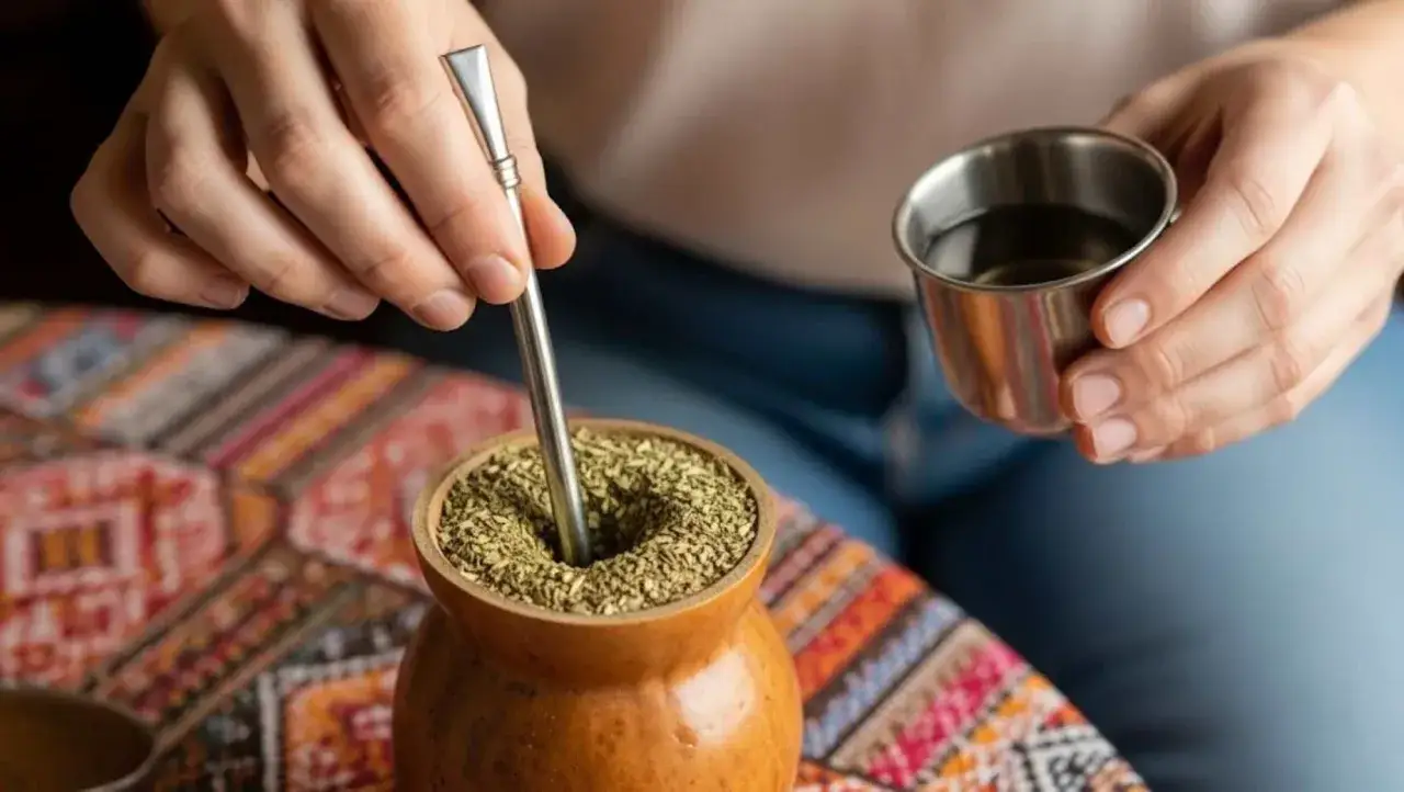 Ręce przygotowują yerba mate. W tykwie susz, bombilla i mały metalowy kieliszek z naparem. Czas na wyjątkowy yerba mate smak.