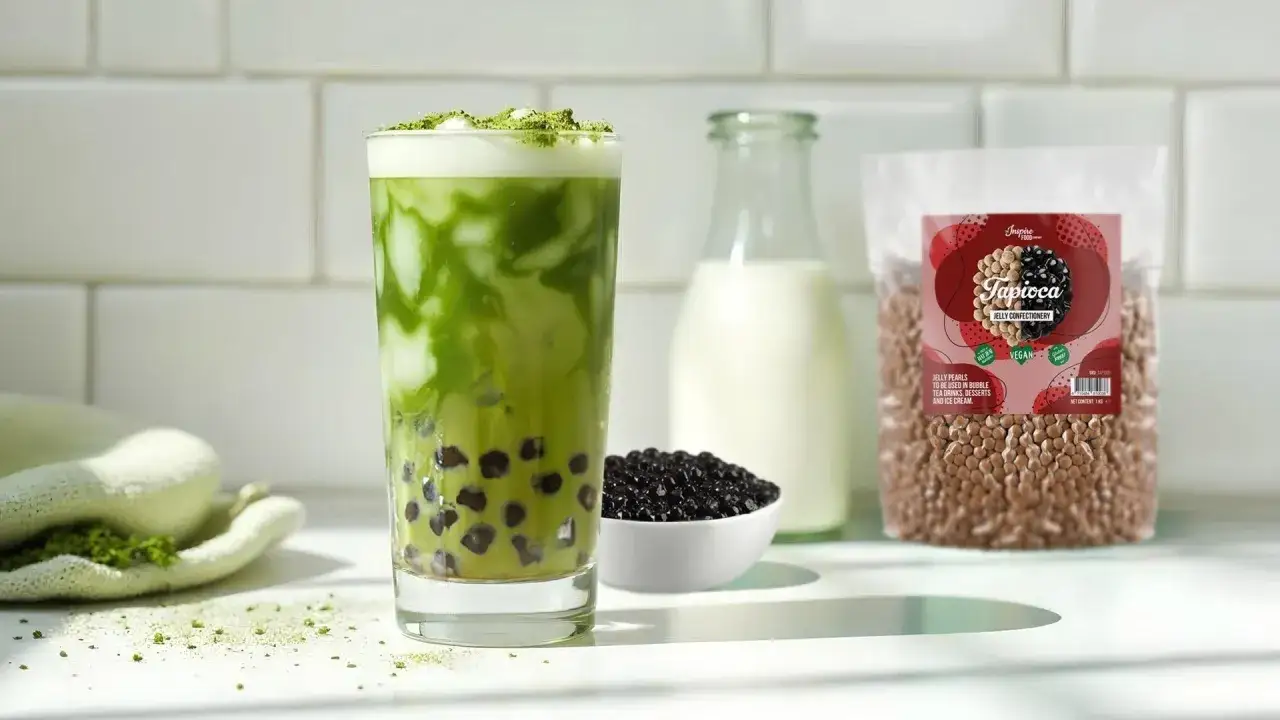 Pyszne bubble tea w domu: zielony napój z mlekiem, tapioką i matchą, obok butelka mleka i opakowanie kulek tapioki.