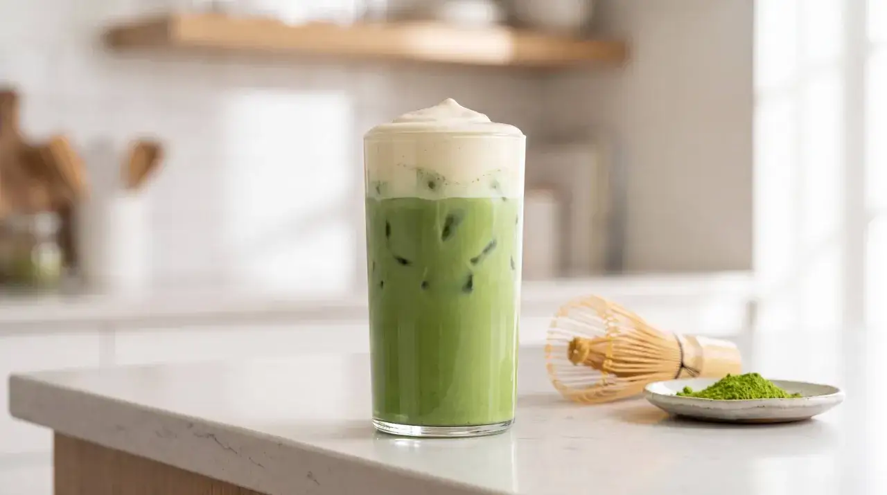 Orzeźwiający dalgona matcha z pianką na wierzchu, obok bambusowa miotełka i proszek matcha.