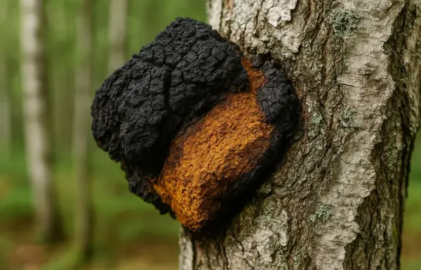Czaga na brzozie, gotowa do zbioru i parzenia. Jej czarna, spękana powierzchnia kontrastuje z pomarańczowym wnętrzem.