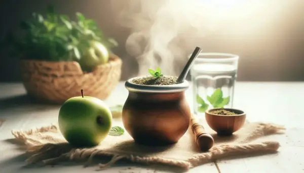 Parująca yerba mate na czczo, obok zielone jabłko i koszyk z miętą. Idealny poranek.
